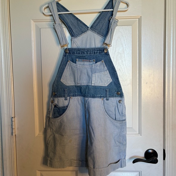 Guess Light Blue Striped Denim Overalls - Picture 1 of 12
